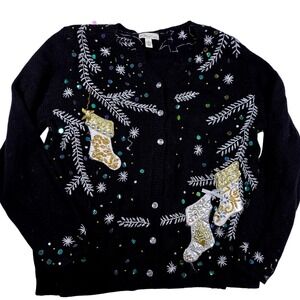 Kim Rogers Woman 3X‎ Black Ugly Christmas Sweater Cardigan Stocking Tree Sequins
